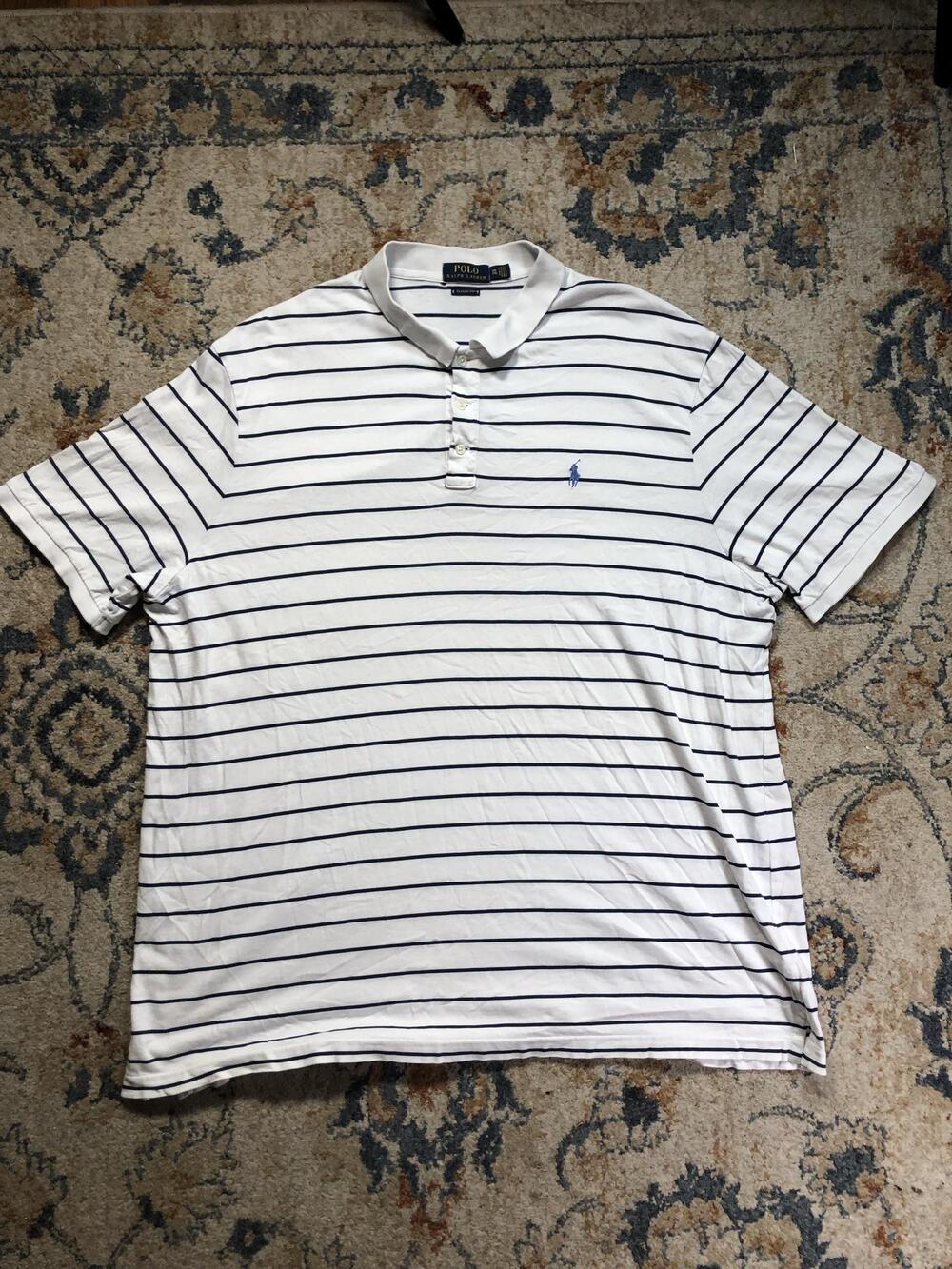 Polo Ralph Lauren Polo Shirt Mens 2XL White Striped Cotton Classic Fit Logo